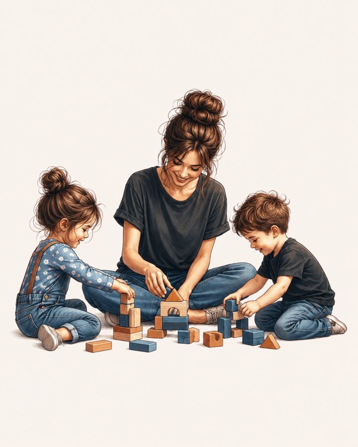 אמא ושני ילדים משחקים בקוביות